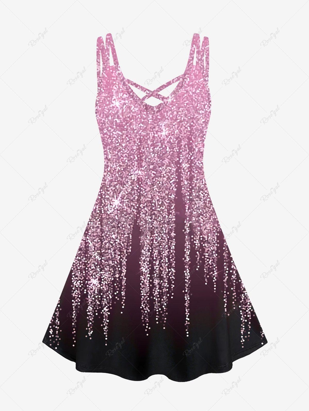 Plus Size 3D Glitter Starlight Print Crisscross Trapeze Party Dress - 5x | Us 30-32