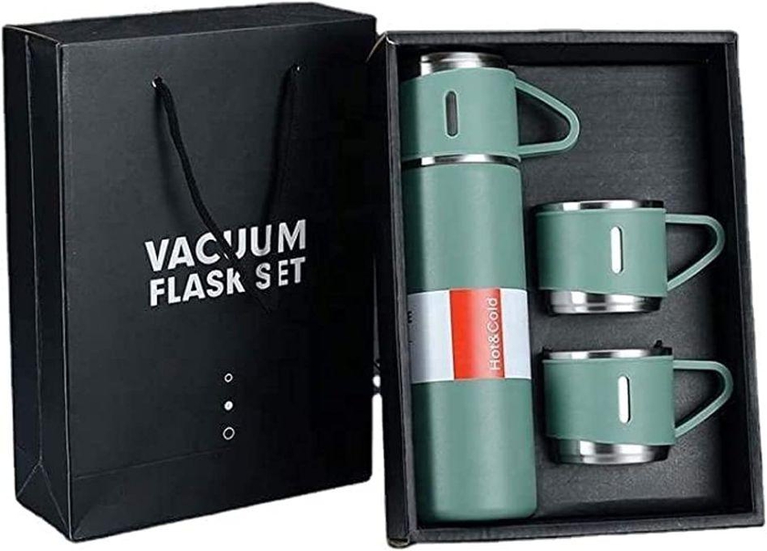 Double-Wall Stainless Steel Vacuum Thermos Flask With Silicone Handle And Insulated Lid Set With 2 Stainless Steel Cups For Hot And Cold Beverages, 500 ML