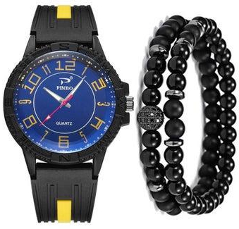 ساعة يد كوارتز بتصميم كاجوال وسوار من السيليكون مع سوار مزين بخرز طراز NNSB03704374 men