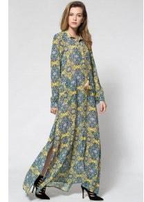 Yellow Print Plunging Neck Long Sleeve Maxi Dress