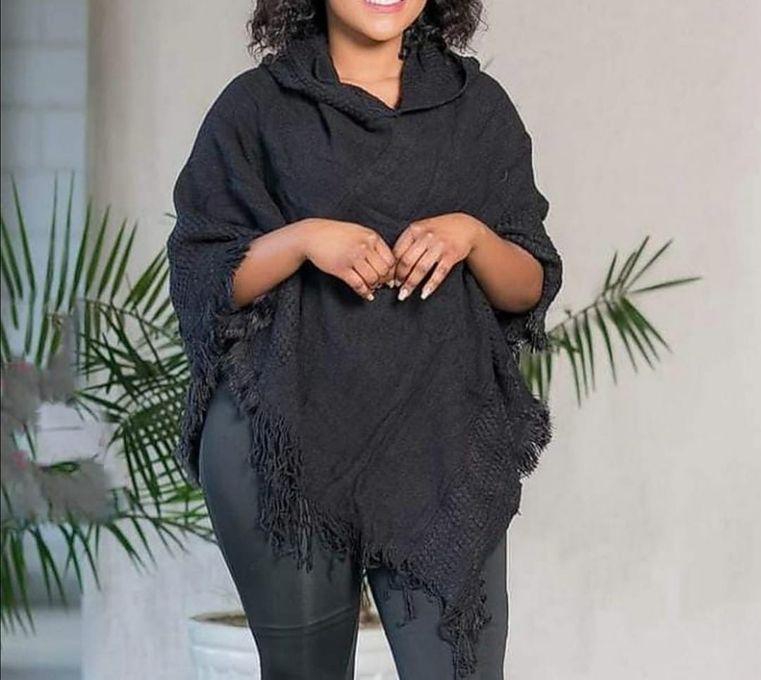 Fashion Black Women's Knit Tassel Hooded Poncho