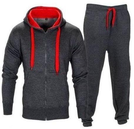 Sanwood Casual Solid Color Men Sports Plush Sweat Suit Hoodie Coat Trousers Pants Set - Dark Grey + Red
