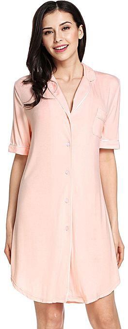 TOPRANK Womens Long Sleeve Sleepwear Solid Turn-down Collar Contrast Color Loose Nightwear Kimono Robe ( Pink )