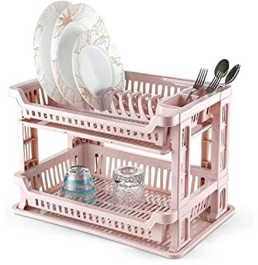 RoyalFord 2 Layer Dish Rack RF10882 Plastic Plate Stand with Tray, and Utensils Holder Organizer for Kitchen Drainer Compact Premium Quality Drying LightPink, Multicolor