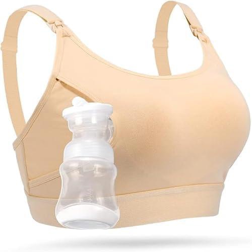 Momcozy Hands Free Pumping Bra, Adjustable Breast-Pump Holding and Nursing Bra (Beige, XL)