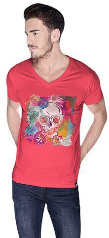 Creo Floral Skull Retro T-Shirt for Men - L, Pink