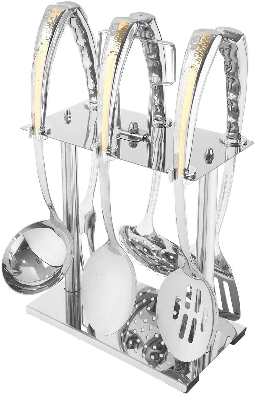 Get Dream Stainless Steel Serving Set with Stand, 7 Pieces - Silver Gold with best offers | Raneen.com