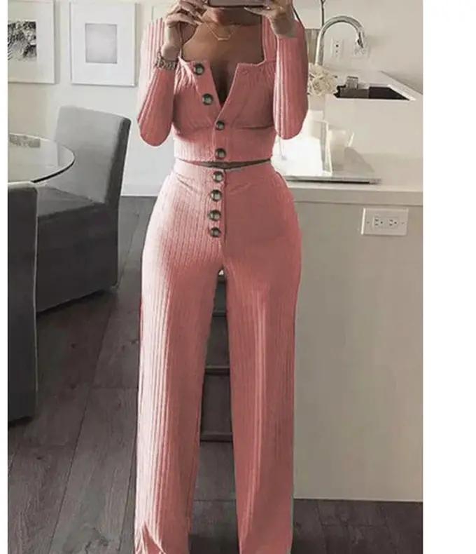 Women's New Long Sleeve Cardigan Slim Buttoned Casual Pants Suit Two-piece Set