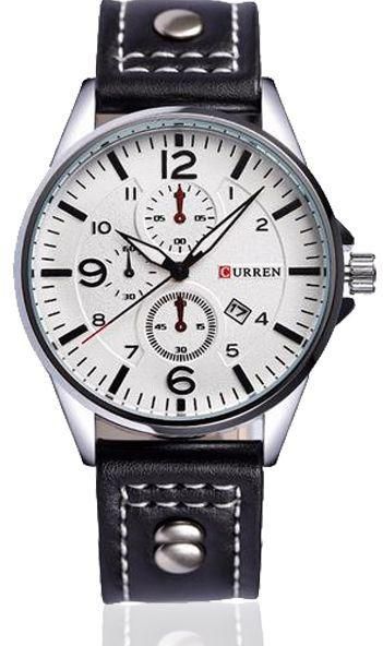 Curren Casual Man Watches With Leather Strap And Silver Color Case, White Color Dial  Curren-8164
