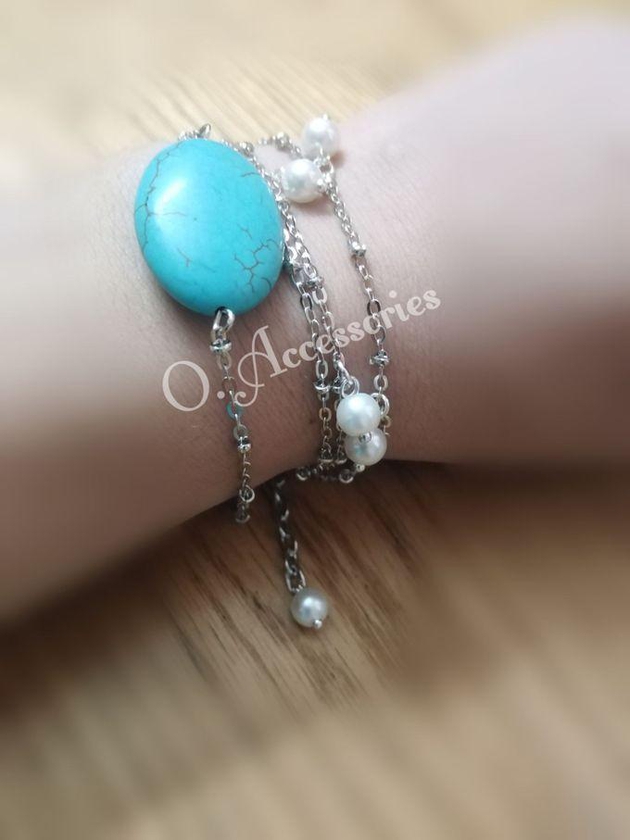 O Accessories Bracelet Turquoise Blue _silver Chains_white Pearls