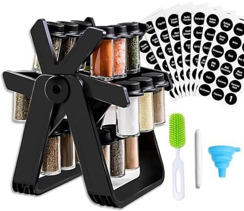 STEAM DIVERTER Rotating Spice Rack Set with 18 Glass Spice Jars/Funnels/Spice Label Stickers, Spinning Ferris Wheel Spice Rack for Kitchen Countertop Condiment Organizer - Black