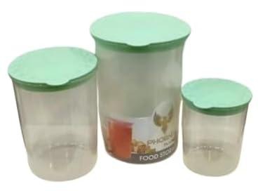 طقم علب حفظ طعام 3 قطع بلاستيك PP5، خالي من البيسفينول أ (BPA)، شفاف بغطاء أخضر