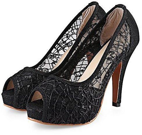 Fashion Sexy Open Toe Lace Decoration Hollow Out Ladies High Heel Shoes - BLACK