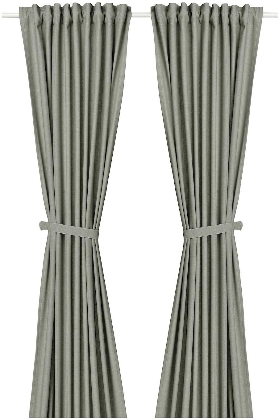 LENDA Curtains with tie-backs, 1 pair - light grey-green 140x300 cm