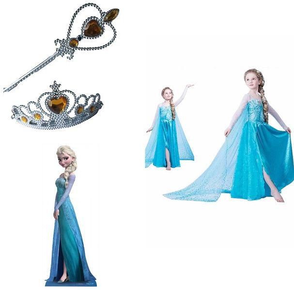 3 Pieces Elsa Anna Blue Dress Frozen With Orange Crown And Wand 2-3 Years
