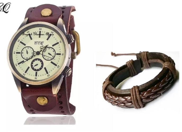 Mens Brown Leather vintage watch with bracelet combo