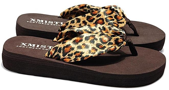 Fashion Summer Woman Silk Ribbon Middle Heels Flip Flops Platform Wedges Beach Shoes Brown Leopard