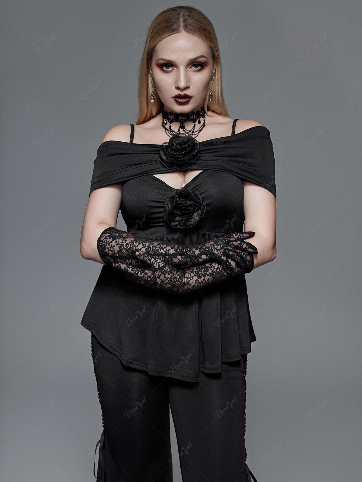 Gothic Flowers Ruched Cold Shoulder Top - 1x | Us 14-16