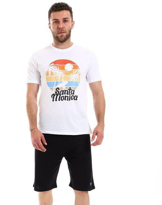 Kubo "Santa Monica" Printed Round Neck Short Sleeves Pajama Set - White & Black
