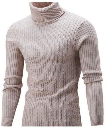 Fashion Men Turtleneck Solid Colour Long Sleeve Knitted Sweater Pullover Top Beige