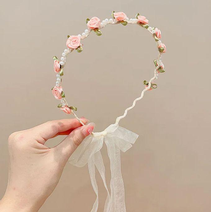 Elegant Wedding Princess Pearls Flower Headband For Girls Rose Long Satin Ribbon Hair Hoop - Rose