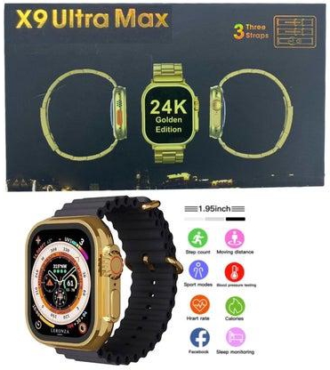 X9 Ultra Max Smart Watch Wireless Charging for Men's and Women's Golden Edition With 3 Straps