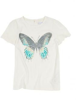 Embellished Butterfly Print T-Shirt - White