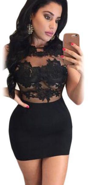 Black Lace Mesh Applique Bodycon Mini Dress