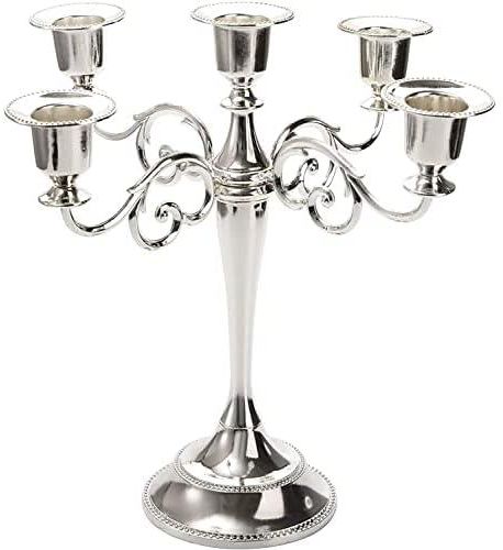 YOUEON 10In Metal Candle Holder with 5 Arms Candelabra Centrepiece Silver Candelabra Candle Holder Candlestick Holder for 1 In Diameter Pillar Candles Antique Candle Stand for Wedding Party Home Decor
