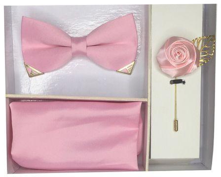 House Of Genevieve Satin Bow Tie, Lapel Pin And Pocket Square Set - Baby Pink