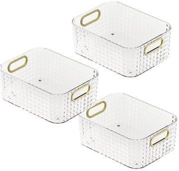 3 Pack Plastic Gold Storage Bins Box Kitchen Storage Organizer Pantry Cabinet Cupboard Fridge Basket for cosmetics, make up, food, fruit (transparent)