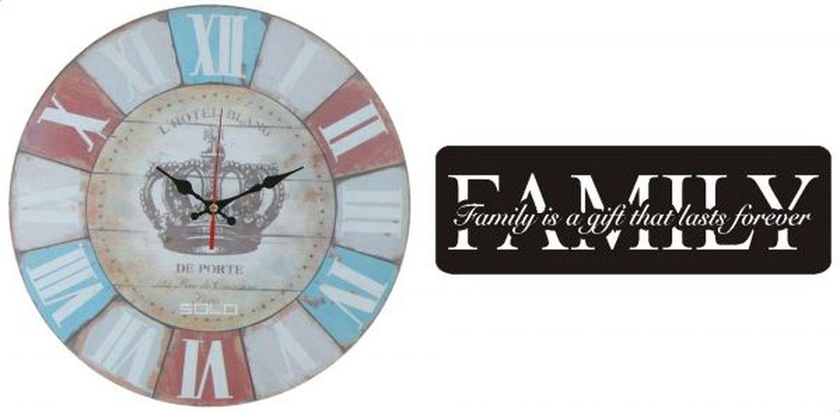 Solo B641-7 Wooden Round Analog Wall Clock - 40 Cm With Family Wooden Tableau