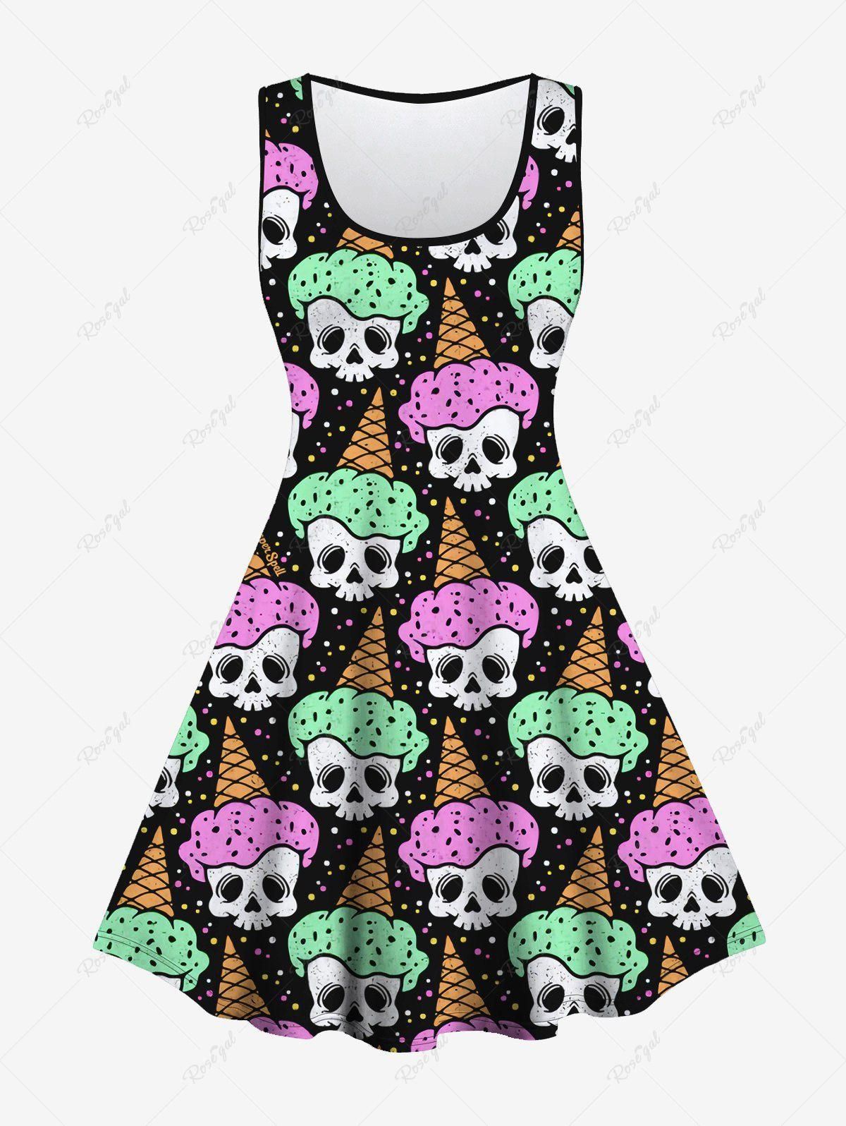 Gothic Skull Ice Cream Print Sleeveless A Line Dress - 1x | Us 14-16