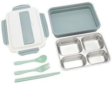 Four Compartment Meal Box With Tableware Set Green Box (25x18x5), Chopsticks 18.4, Spoon 14, Fork 15centimeter