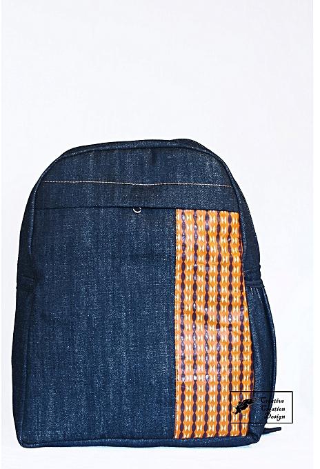 Generic Blue Denim Backpack With Kitenge