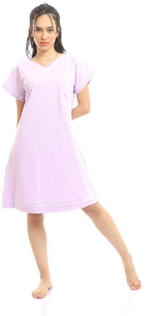 Red Cotton V-Neck Short Sleeves Classic Short Nightgown - Light Purple