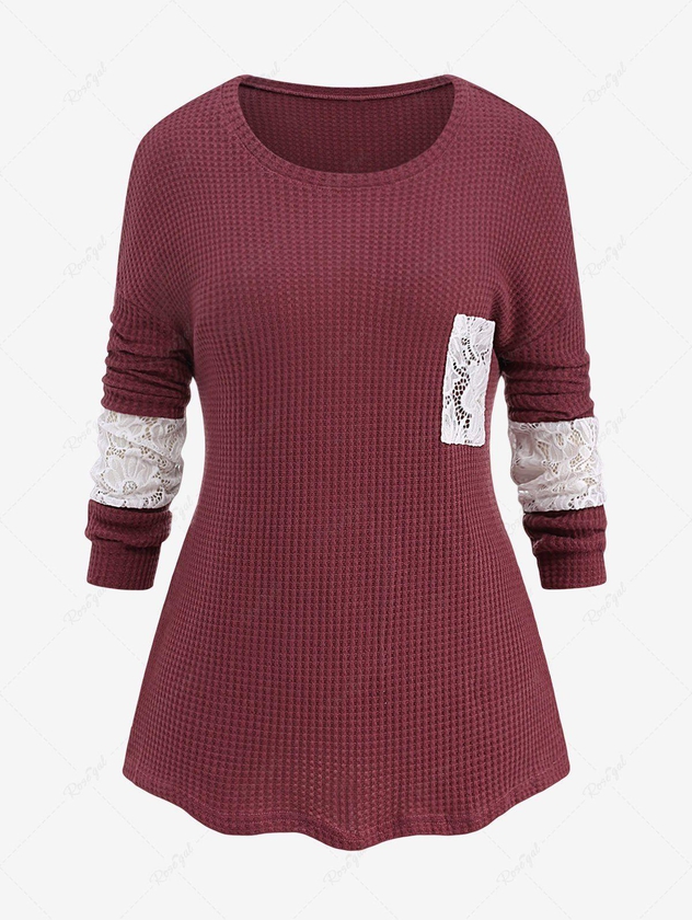 Plus Size Textured Floral Lace Patchwork  T-shirt - 2xl