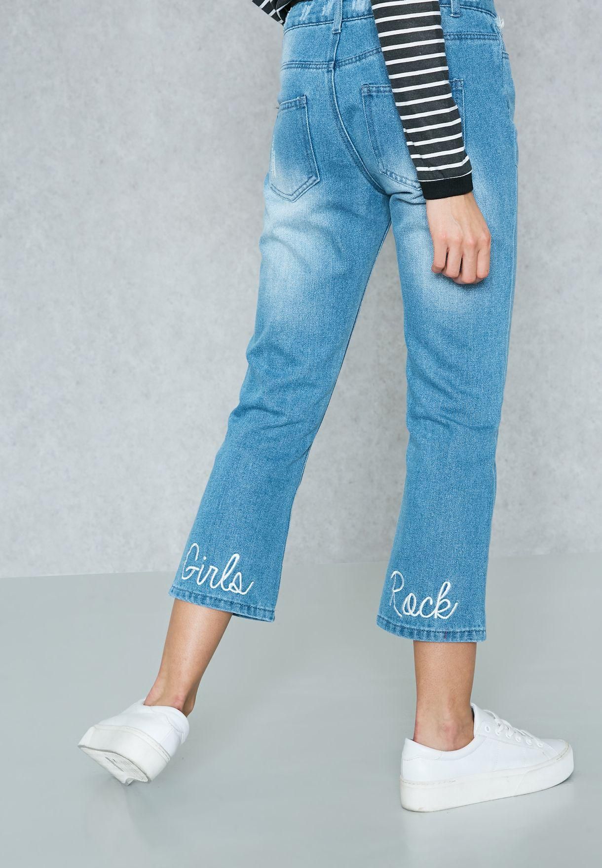 Kick Flare Jeans With Girls Rock Embroidery