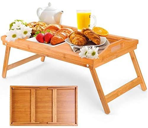 Bamboo Bed Tray Table, U HOOME Breakfast Serving Tray with Foldable Legs for Sofa, Bed, Food Eating, Working, Used As Laptop Desk Snack Tray