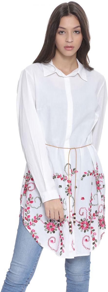 Andiamo Fashion Floral Embroidery Curved Hem Long Shirt with Belt for Women - White