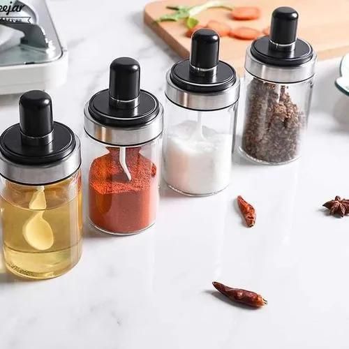 Glass Seasoning Jars With Lid And Spoons, Set Of 4kitchen seasoning&spice toolsBorosilicate Glass Jar Spoon Lid Integrated Design Transparent design Airtight container Multi-functi