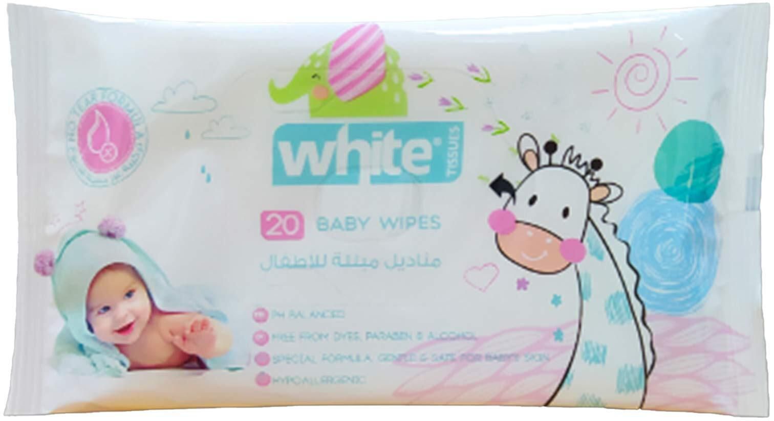 White Baby Wipes - 20 Wipes