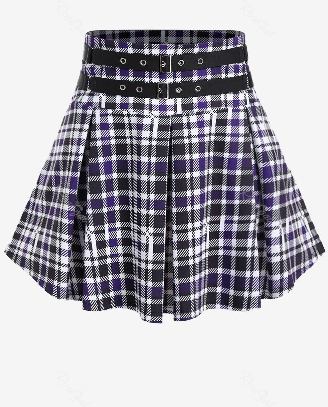 Plus Size Checked Buckle Grommets Pleated Detail Mini Skirt - M | Us 10