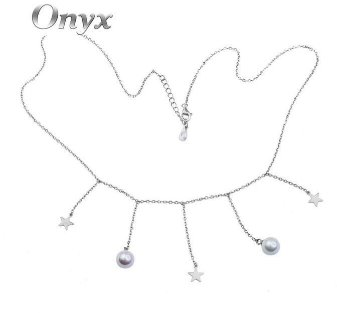 Simple Necklace For Women With Stars And Pearls, Silver 925