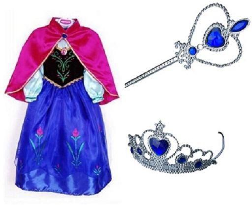 3 Pieces Elsa Anna Multicolor Dress Frozen Costume With Blue Crown And Wand 7-8 Years