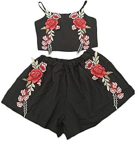 Fashion Women's Flowers Sleeveless Tops And Shorts 2 Piece Sets Female Beach Style Black