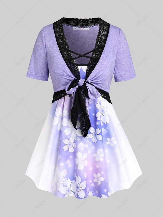 Plus Size & Curve Tie Knot Crop Top and Ombre Floral Print Camisole Set - M | Us 10