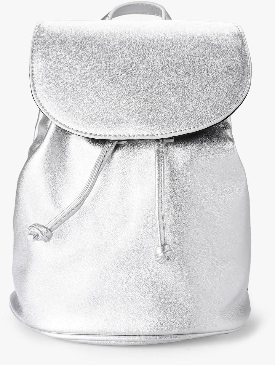 Silver Faux Leather Flap-Top Backpack