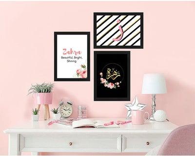 Zahra Calligraphy arabic Text Name Alpbhabet & definition of Raghad Carefree/Comfortable Set Of 3 Poster Frames Wall Art