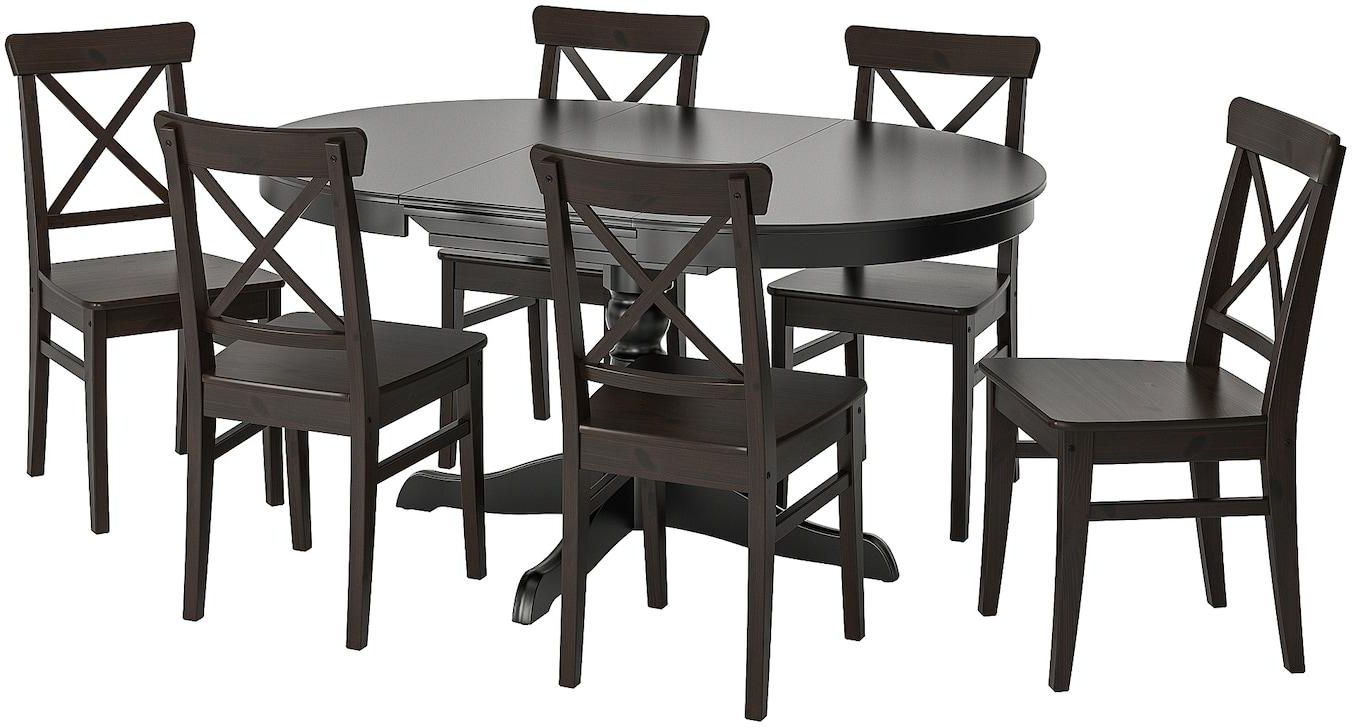 INGATORP / INGOLF Table and 6 chairs - black/brown-black 110/155 cm